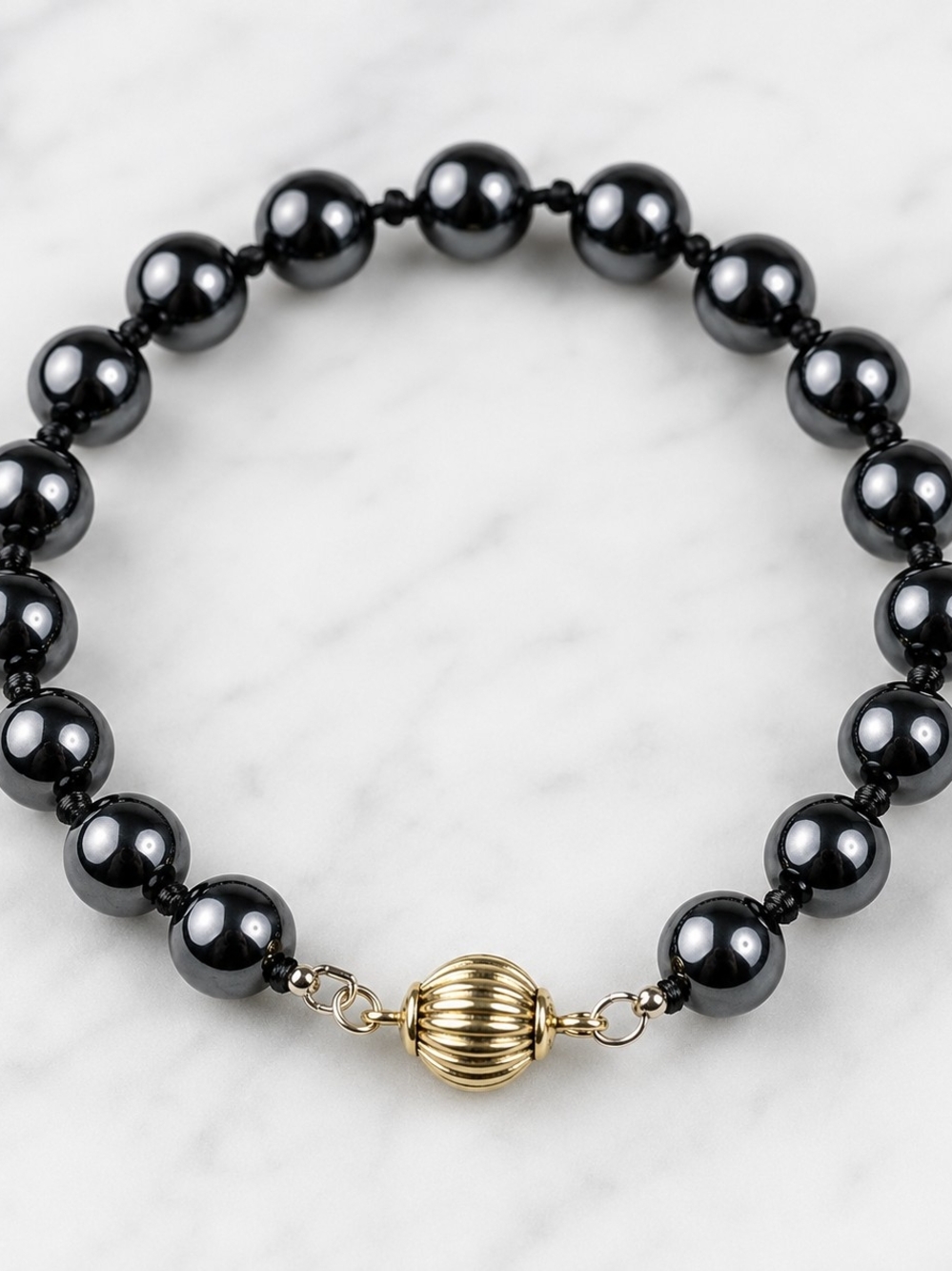 Vintage Black Hematite Bracelet Hand Knotted Beads Gold Tone Barrel Clasp